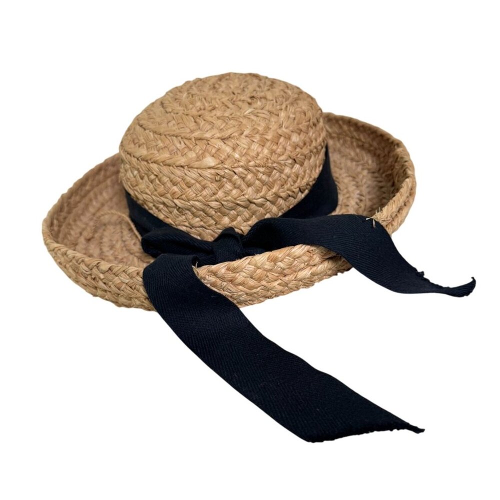 Helen Kaminski Women Natural 100% Raffia Boater Sun Hat Black Ribbon Handmade OS